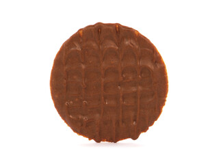 Single biscuit covered in milk chocolate isolated on white
