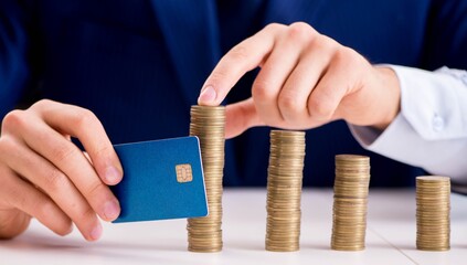 Businessman with stacks of coins in the office