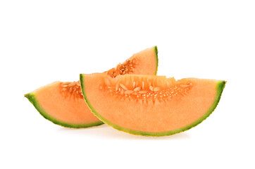 Cantaloupe melon slices on white background