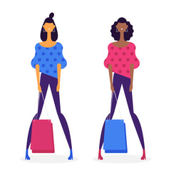 tired shopaholic girls, caucasian and afroamerican friends, vector flat design illustration