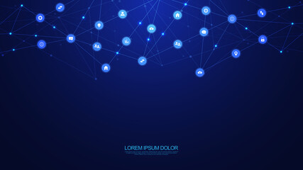 Fototapeta premium Information technology background with infographic elements and flat icons. Digital technology, network connection and communication concept. Vector illustration.