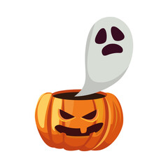 Halloween white ghost cartoon over pumpkin vector design