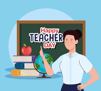 woman teacher with green board and books design, Happy teachers day celebration and education theme Vector illustration