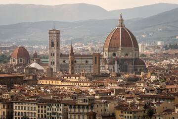Fototapeta na wymiar Cityscape of Florence with the Cathedral, Santa Maria del Fiore and the bell tower of Giotto (Campanile). UNESCO world heritage site, Tuscany, Italy, Europe