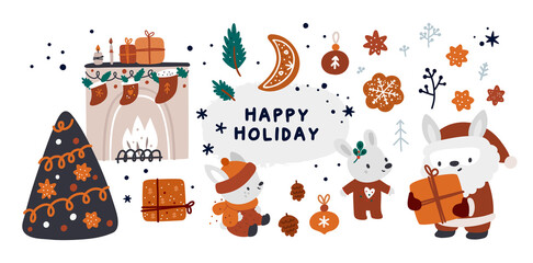 Baby Christmas Holiday collection with cute bunny, santa, gifts, decorations and cozy winter accessories. Merry Christmas and a happy new year! Milestone set for holiday card, poster, party decor