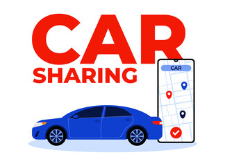 Car sharing service illustration. Car standing near a smartphone with an app on the screen. Banner template