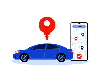 Car sharing service illustration. Car standing near the smartphone. Geotag-key under car