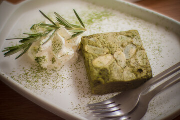 green tea brownie with whip cream