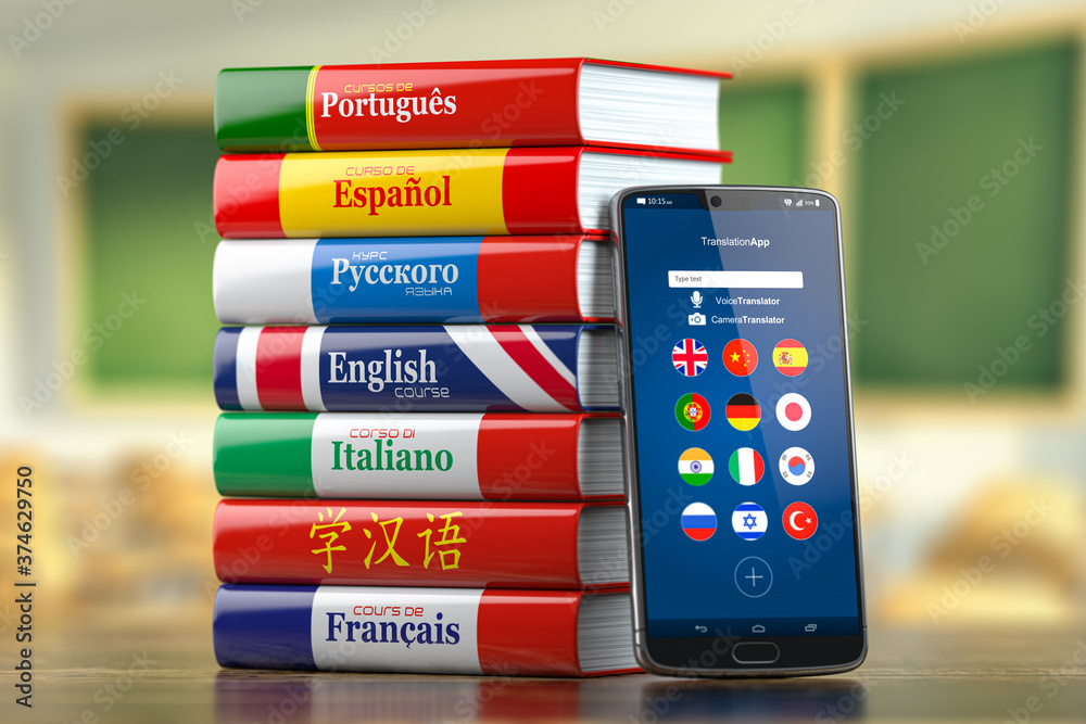 Poster mobile dictionary, translator and e-learning.concept . learning languages online. smartphone and boo