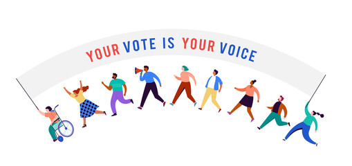 Group of people, walking with flags to elections. Crowd of women and men at a demonstration. Concept for election campaign, voting theme vector background. 