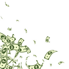 Indian rupee notes falling. Messy INR bills on whi