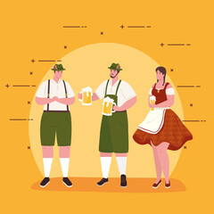 men and woman cartoons with traditional cloth and beer design, Oktoberfest germany festival and celebration theme Vector illustration