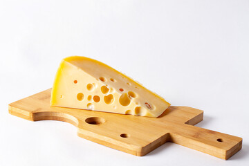  hole cheese triangle, cheese cutting board, on white bacground
