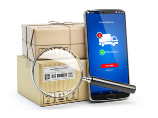Smartphone with cardboard boxes and loupe isolated on white background. Logistics, delivery and online order tracking concept.