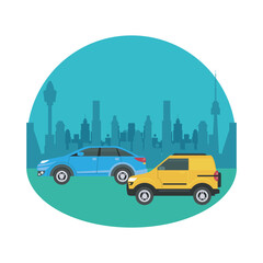 blue and yellow cars in front of city buildings vector design