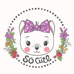 Cute cat girl face, flowers. So Cute slogan. Cartoon vector illustration design for t-shirt graphics, fashion prints