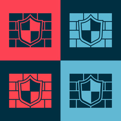Pop art Shield with cyber security brick wall icon isolated on color background. Data protection symbol. Firewall. Network protection. Vector.