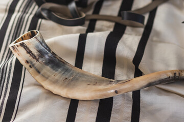 A shofar is placed on a tallit, next to tefillin (religious objects for the holidays)