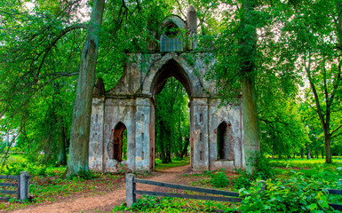 Gothic gate. Homestead Demidov. Taytsy. Leningrad region. Russia