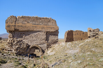 Remains of outer gates & walls of medieval Armenian city Ani, near Kars, Turkey. City was founded in 5 century, abandoned after series of conquests in 16-17 centuries. Now all city included in UNESCO