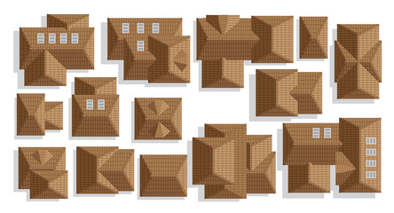 Tiled roof of houses. Top view. Cityscape map or plan design collection.