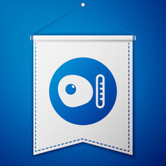 Blue Traditional british breakfast, fried eggs with sausage icon isolated on blue background. White pennant template. Vector.