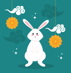rabbit with mooncakes and clouds design, Happy mid autumn harvest festival oriental chinese and celebration theme Vector illustration