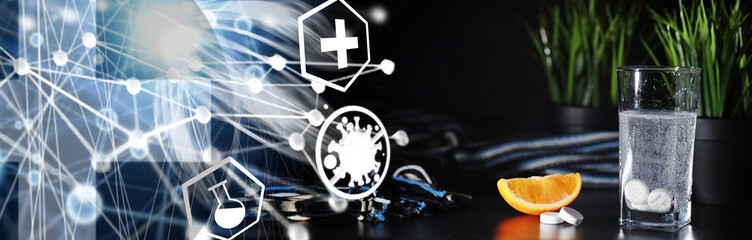 Composition from Bottles of cough syrup.Healthcare, medicine, flu and treatment concept - paper wipes and thermometer with pills.