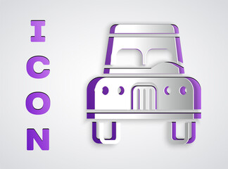 Paper cut Car icon isolated on grey background. Front view. Paper art style. Vector.