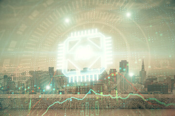 Data theme hologram drawing on city view with skyscrapers background double exposure. Technology concept.