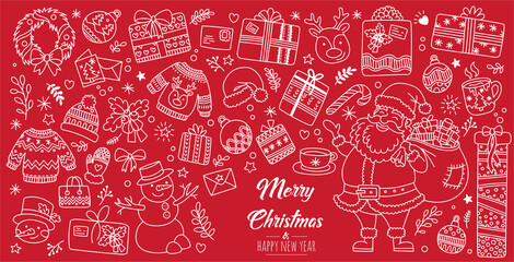 Set hand drawn Christmas elements doodles. Season greeting decor for your greeting card santa, gifts, reindeer, snowman. Linear graphic. Vector illustration