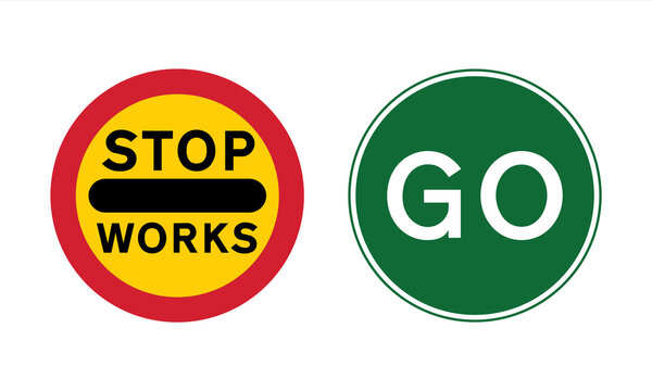 Stop Works And GO Road Sign Set. Circular Traffic Signs Used To Indicate When Traffic In One Direction Should Wait Or Continue. Control Traffic Concept. Vector Illustration.