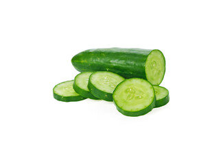 Cucumber and slices isolated over white background.