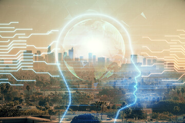 Brain hologram drawing on cityscape background multi exposure. Ai in modern city concept.