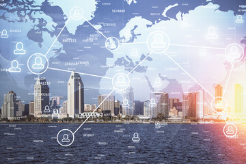 Double exposure of social network theme drawing and cityscape background. Concept of people connecton.