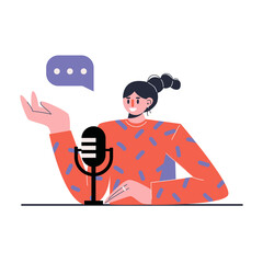 Radio host. Media hosting. Female podcaster . Concept of internet online radio. Flat vector illustration. 