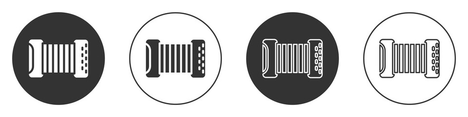 Black Musical instrument accordion icon isolated on white background. Classical bayan, harmonic. Circle button. Vector.