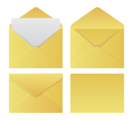 Set of yellow vector envelopes in different views, isolated on white background. Realistic brown vector envelope mockups.