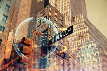 Map and data theme hologram on city view with skyscrapers background double exposure. International technology in business concept.