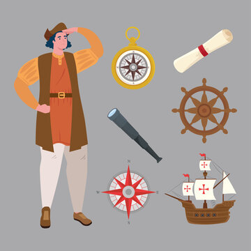 Christopher Columbus cartoon with icon set design of happy columbus day america and discovery theme Vector illustration