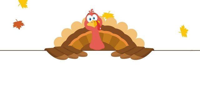 Turkey Bird Cartoon Mascot Character Over A Blank Sign. 4K Animation Video Motion Graphics With White Background