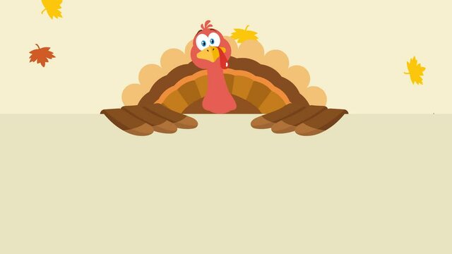 Turkey Bird Cartoon Mascot Character Over A Blank Sign. 4K Animation Video Motion Graphics With Background