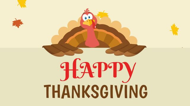 Turkey Bird Cartoon Character Over A Happy Thanksgiving Sign. 4K Animation Video Motion Graphics With Background