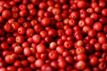 Scattering red ripe cowberries food background