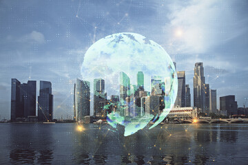 Fototapeta premium Multi exposure of social network theme drawing and cityscape background. Concept of people connecton.