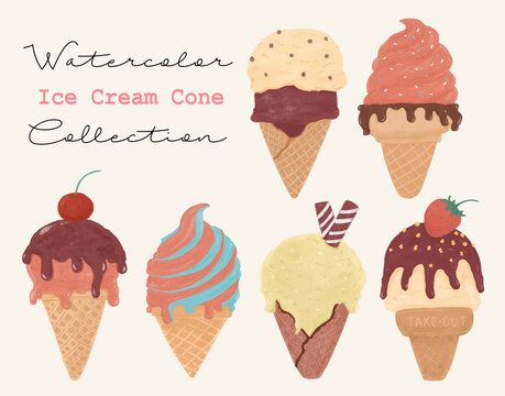 vintage stley Ice cream cone sweet summer watercolor texture vector illustration clip art collection set
