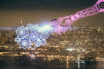Data theme hologram drawing on city view with skyscrapers background multi exposure. Ai concept.
