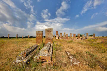 Ancient tombstones in the historical cemetery of Selcuk Turks from 12th century, in the town of Ahlat, Turkey