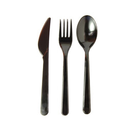 black plastic cutlery on white background