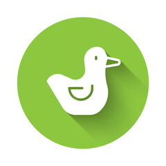 White Rubber duck icon isolated with long shadow. Green circle button. Vector.